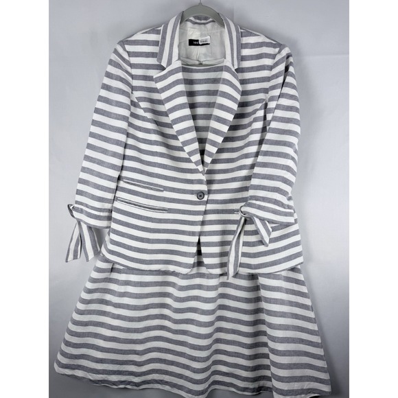 Nine West Jackets & Blazers - Nine West Womens 14 Dress Blazer Suit Set Grey White Stripe Linen Blend Tie Cuff